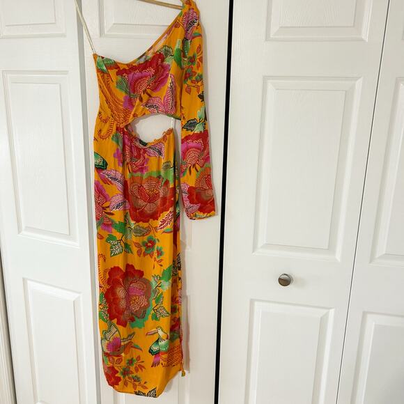NWOT Anthropologie x Farm Rio Single Shoulder Cutout Maxi Dress S Yellow Floral - Picture 4 of 10